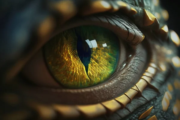 A close up of a dragon eye with a green and yellow irise in it realistic eyes a 3d render photorealism