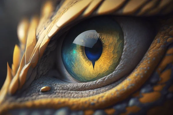 A close up of a dragon eye with yellow and blue colors on it\'s iris realistic eyes a 3d render photorealism
