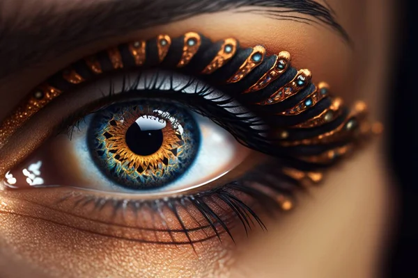 A woman\'s eye with a gold and blue eyeliner and a gold and black eyeliner realistic eyes a photorealistic painting photorealism