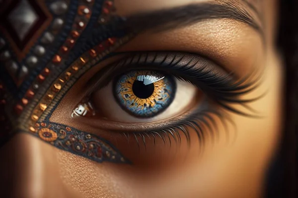 A close up of a person's eye with a blue and yellow eyeliner highly detailed digital painting a photorealistic painting psychedelic art