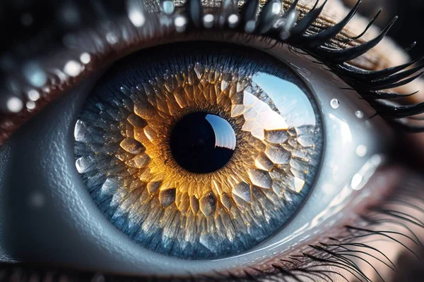 A close up of a human eye with a blue iris and yellow iris in the center realistic eyes a 3d render photorealism