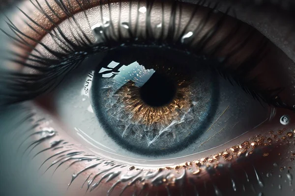A close up of a human eye with a lot of water on it\'s iris realistic eyes an ambient occlusion render photorealism