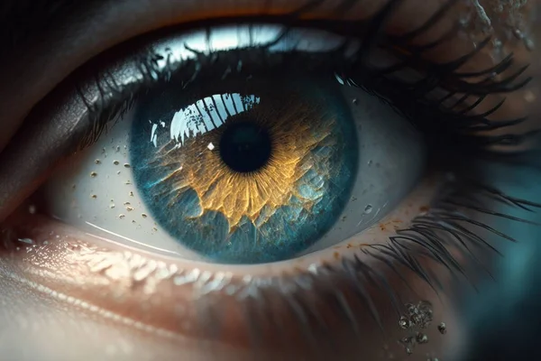 A close up of a blue eye with yellow iris and black iris iris iris iris realistic eyes a 3d render photorealism