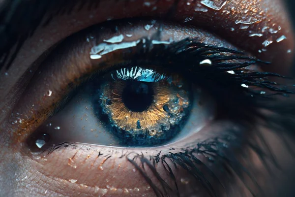 A close up of a person\'s eye with water drops on it\'s iris realistic eyes a photorealistic painting photorealism
