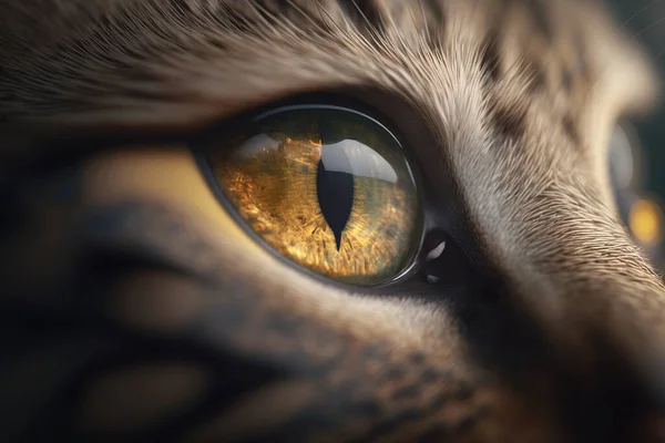 A close up of a cat\'s eye with a yellow iris and black spots realistic eyes a 3d render photorealism
