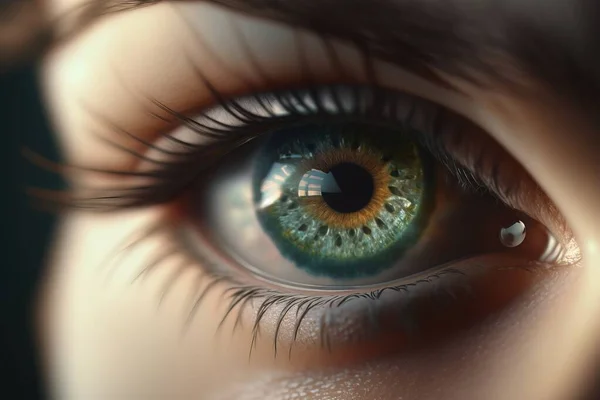 A close up of a person\'s eye with a green iris and brown iris realistic eyes a photorealistic painting photorealism