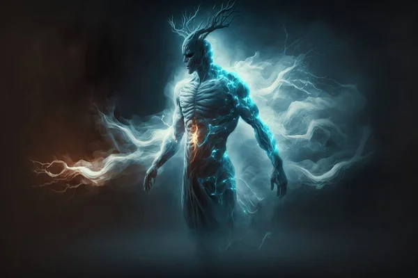 A man with a lightning effect on his body and head is standing in the dark epic fantasy character art concept art fantasy art
