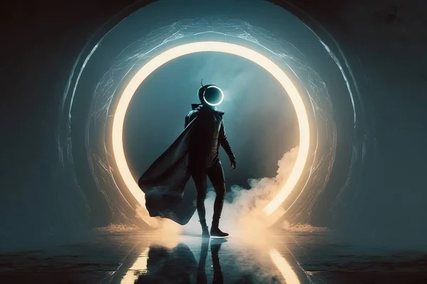 A man in a space suit standing in front of a circular object with a light on it sci fi cyberpunk art retrofuturism