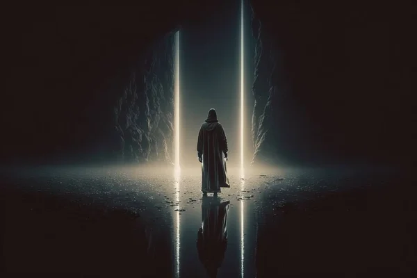 A man standing in a dark tunnel with two lights shining on the floor and a person standing in the middle dim volumetric lighting concept art light and space
