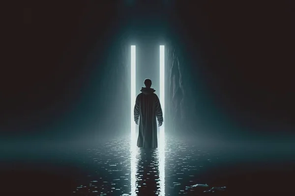 A man in a long coat is standing in a dark hallway with two white columns dim volumetric lighting a raytraced image light and space