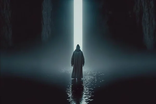 A person standing in a dark tunnel with a light at the end of it and a light at the end of the tunnel dim volumetric lighting a hologram light and space