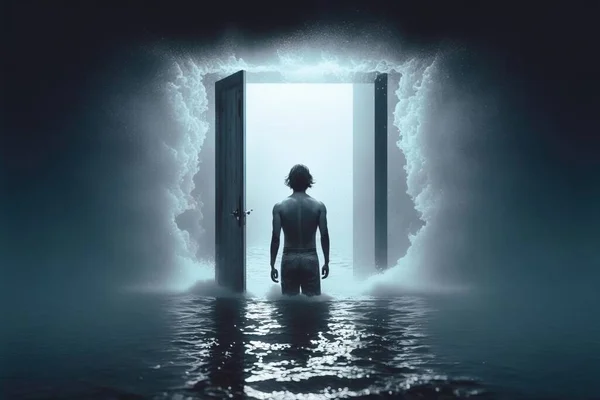 A man standing in front of a doorway in the ocean with a light coming from it surreal photography a matte painting abstract illusionism