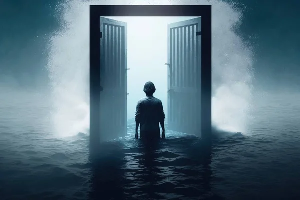 A man standing in front of an open door in the ocean with a giant wave coming out of it promotional image poster art sots art