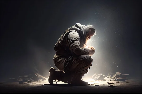 A man kneeling down in the dark with his hands clasped to his knees and his hands folded rendered in unreal 5 an ambient occlusion render light and space