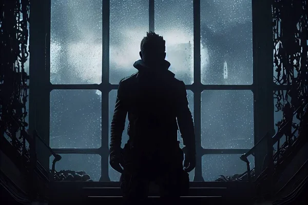 A man standing in front of a window in a dark room with rain coming through dramatic cinematic lighting cyberpunk art bauhaus