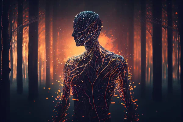 A man standing in a forest with a glowing body and head in the background of the image biopunk cyberpunk art generative art