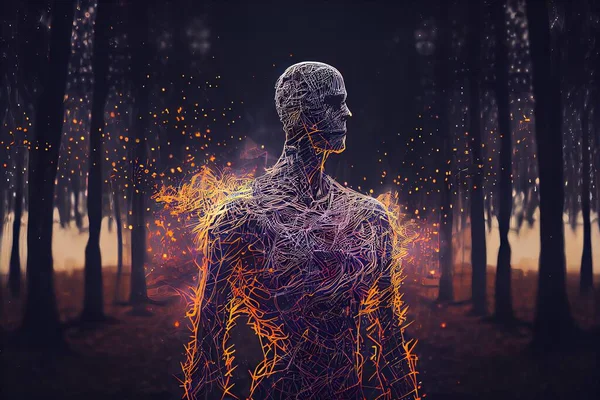 A man standing in a forest with fire in his body and trees in the background octane renderer a 3d render generative art