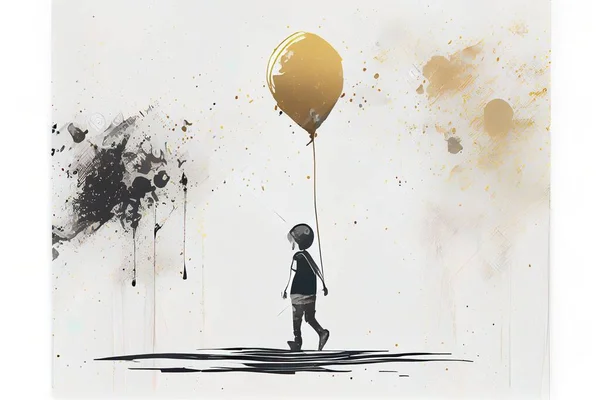 A painting of a person holding a balloon in the air with a black and gold paint splattered on it 2 d game art an ultrafine detailed painting modern european ink painting