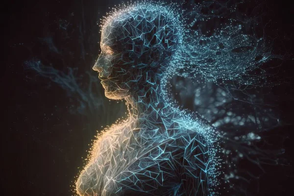 A woman\'s face and body are depicted in a digital art style with a dark background redshift render a 3d render generative art