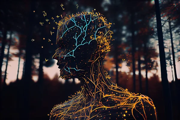 A man\'s face is shown with glowing lines in the shape of trees and stars octane renderer a 3d render generative art