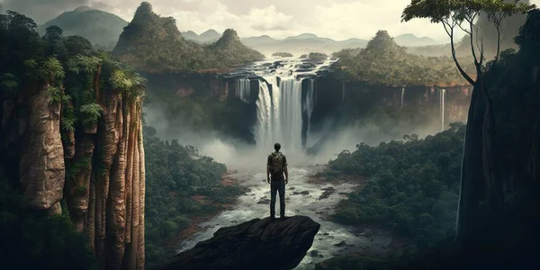 A man standing on a cliff looking at a waterfall in the distance with a forest and mountains in the background cinematic matte painting a detailed matte painting photorealism