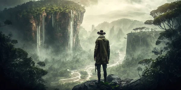 A man standing on a cliff looking at a waterfall in the distance with a hat on cinematic matte painting a matte painting primitivism