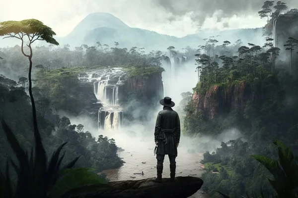 A man standing on a cliff looking at a waterfall in the jungle with a bird cinematic matte painting a detailed matte painting fantasy art