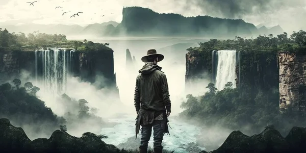 A man standing in front of a waterfall with a hat on his head and a bird flying over it cinematic matte painting a matte painting primitivism