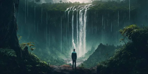 A man standing in front of a waterfall in the jungle with a waterfall in the background cinematic matte painting a matte painting naturalism
