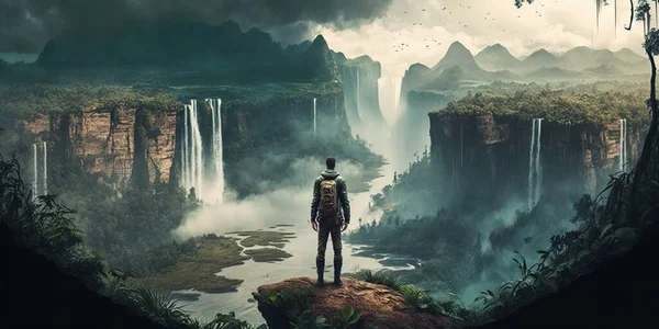 A man standing on a cliff looking at a waterfall in the distance with a bird flying over it cinematic matte painting a detailed matte painting fantasy art