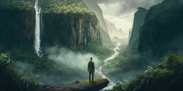 A man standing on a cliff looking at a waterfall in the distance with fog in the air cinematic matte painting a detailed matte painting fantasy art