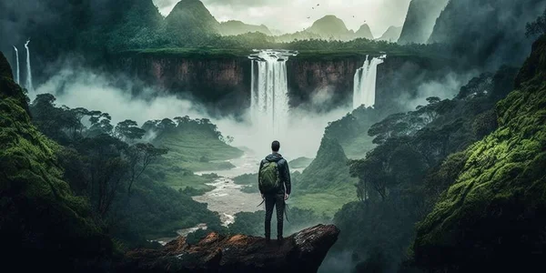 A man standing on a cliff looking at a waterfall in the distance with a forest and mountains in the background cinematic matte painting a matte painting naturalism