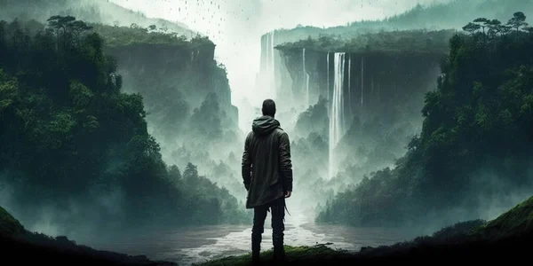 A man standing in front of a waterfall in the middle of a forest with a bird flying overhead cinematic matte painting a detailed matte painting rayonism