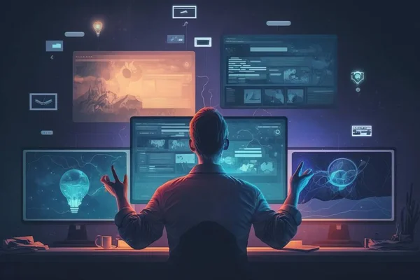 A man sitting in front of a computer monitor with multiple monitors on it and a person standing in front of the monitor affinity photo computer graphics les automatistes