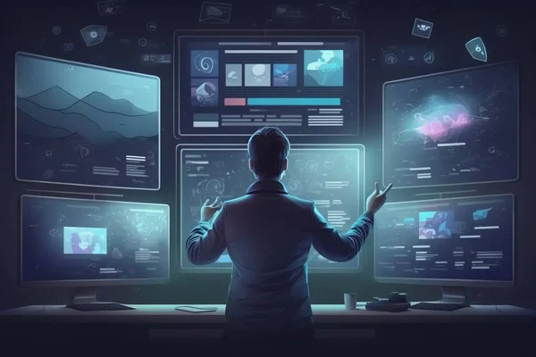 A man standing in front of a computer screen with multiple screens on it and a lot of other screens game art computer graphics computer art