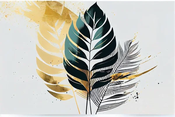 A painting of a leaf with gold and black leaves on it\'s side and a white background abstract brush strokes an art deco painting modern european ink painting