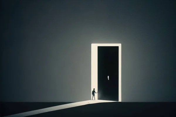 A person standing in front of a doorway with a light coming in from it and a person standing in the doorway dim volumetric lighting a raytraced image light and space
