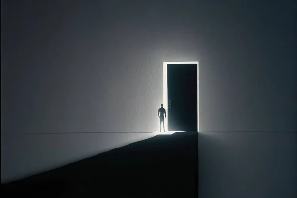 A man standing in front of a doorway with a light coming through it to a person standing in the doorway liminal space a raytraced image light and space