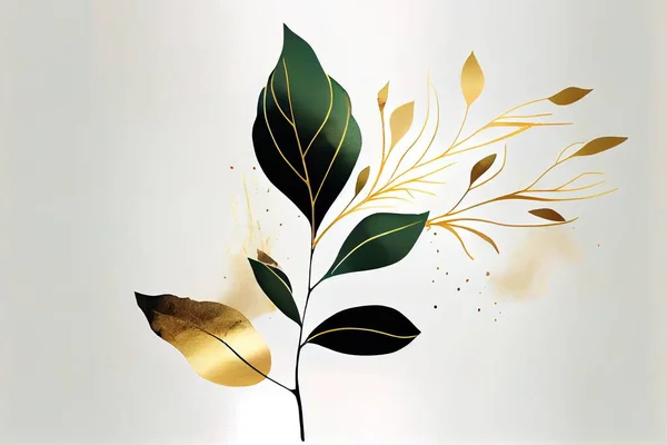 A painting of a plant with gold leaves on it\'s stem and a white background offset printing technique a silk screen modern european ink painting