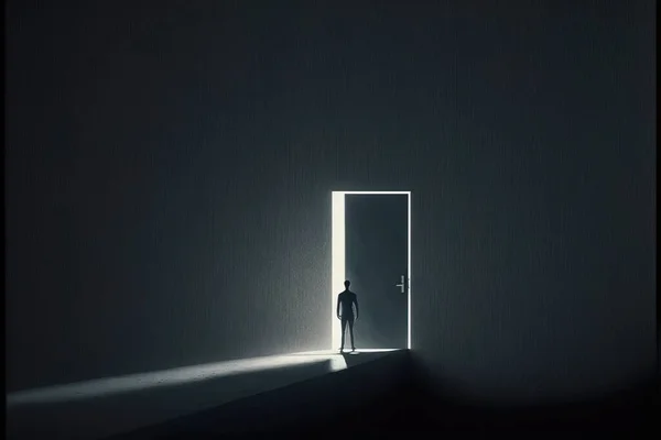 A man standing in front of a doorway in a dark room with a light coming through dim volumetric lighting a raytraced image light and space