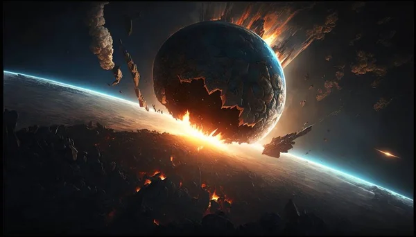 A space station in the distance with a huge explosion of debris in the foreground cinematic matte painting a detailed matte painting space art