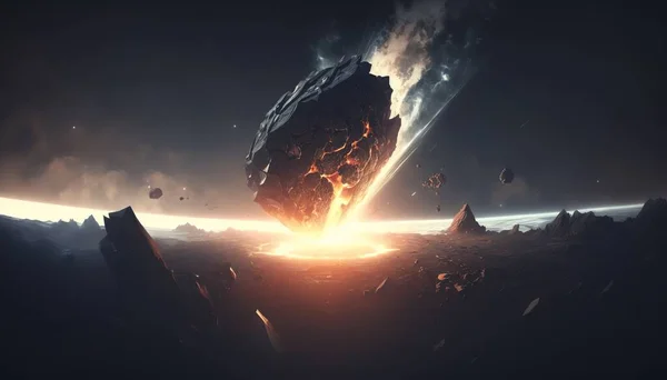 A large rock in the middle of a space filled with rocks and debris with a bright light coming from the top of it volumetric lighting a detailed matte painting space art