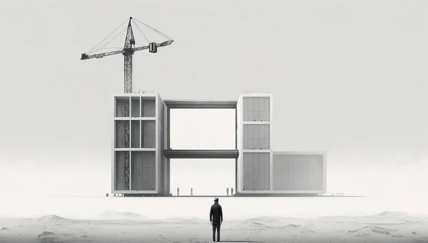 A man standing in front of a tall building with a crane on top of it dystopian art a matte painting modular constructivism