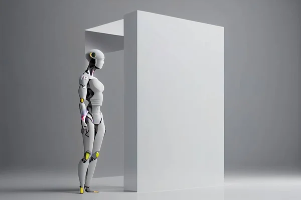 A robot standing in front of a white wall with a yellow and pink helmet on robots a computer rendering les automatistes