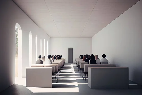 A group of people sitting in a room with a checkered floor and a white wall unreal 5 highly rendered a 3d render institutional critique