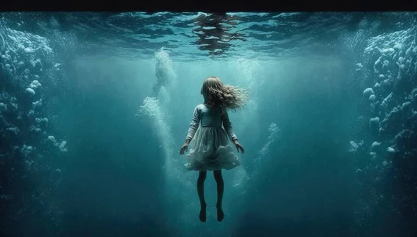 A woman in a dress is standing under water in a photo with a whale in the background promotional image a poster aestheticism