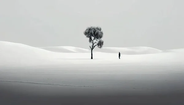 A lone tree in a snowy landscape with a lone person walking by it in the distance cinematic photography a black and white photo video art