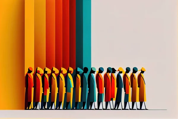 A group of people standing in front of a rainbow colored wall with a white background syd mead. rich colors an ultrafine detailed painting generative art