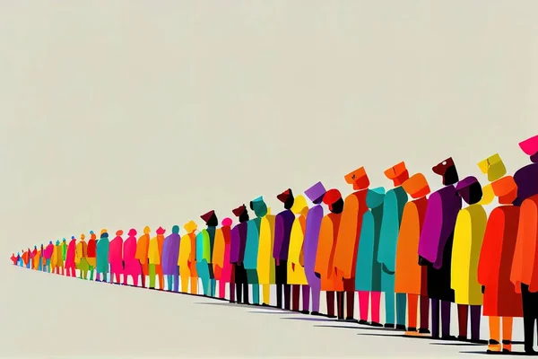 A long line of people in colorful clothing with a white background and a sky background colorful flat surreal design an ultrafine detailed painting generative art