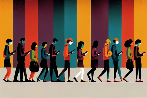 A group of people standing in a line with cell phones in their hands and wearing masks editorial illustration an illustration of futurism